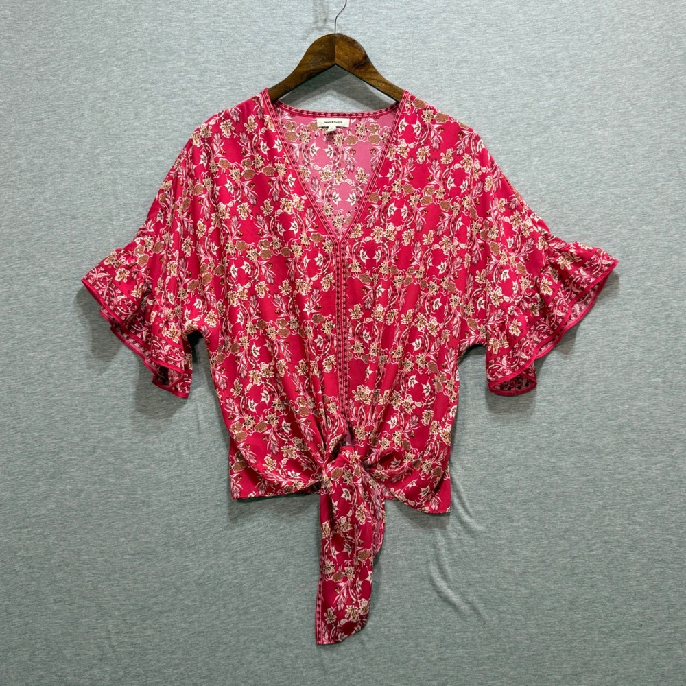 Max Studio Blouse Women Medium Pink Floral Boho Ruffle Tie Front Cottagecore